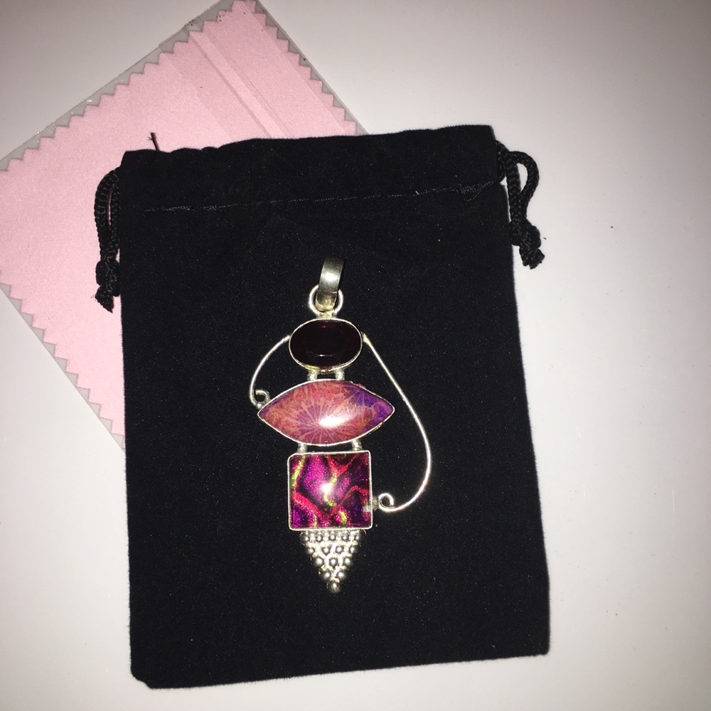 Pretty Pinks Glass,Fossil,Garnet Sterling Pendant